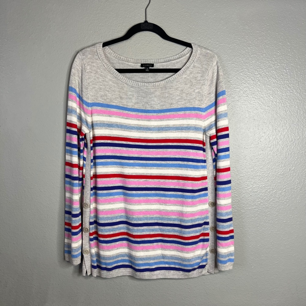 Talbots Sweater Sz M Striped Side Button Scoop Neck Pullover Preppy Casual